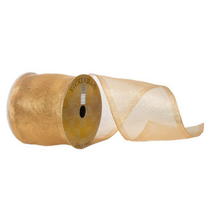 Q170119 Vickerman - 4 in x 10 yd Gold Sheer Shiny Wired Decorative Ribbon