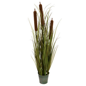 Vickerman 36" Artificial Potted Green Grass with Cattails in Iron Pot