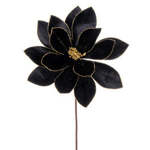 Vickerman 22" Black Velvet Sheen Glitter Trim Poinsettia Stem 4 per bag