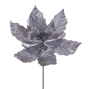 Vickerman 11" Pewter Velvet and Glitter Mesh Poinsettia Flower on Stem 6 per bag