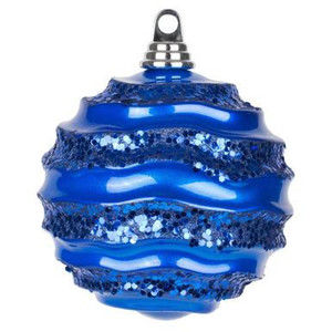  Vickerman 8' Blue Stripe Candy Finish Wave Ball Christmas Ornament with Glitter Accents 