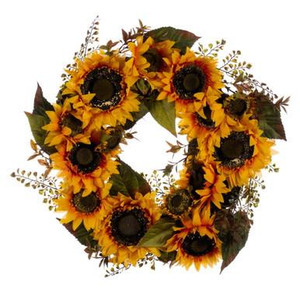Vickerman 24" Artificial Yellow Sunflower Wreath with Seed Grass Foliage
