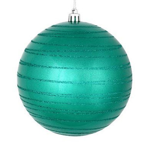 Vickerman 4" Teal Candy Finish Ball Christmas Ornament with Glitter Lines 4 per Bag