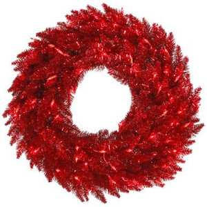  Vickerman 36" Tinsel Red Fir Artificial Christmas Wreath Red Dura-Lit LED lights 