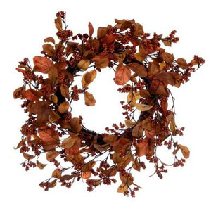 Vickerman Artificial 22" Orange Fall Leaves and Berries Wreath Circular grapevine base
