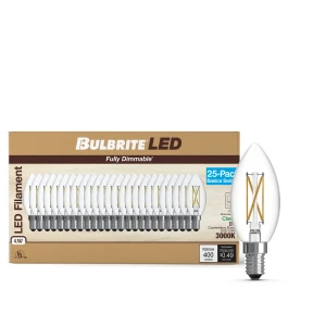 Bulbrite 776236 LED4B11/30K/FIL/D/B/2/25P - Clear LED B11 Filament Bulb - 4W - 3000K - 25 Pack