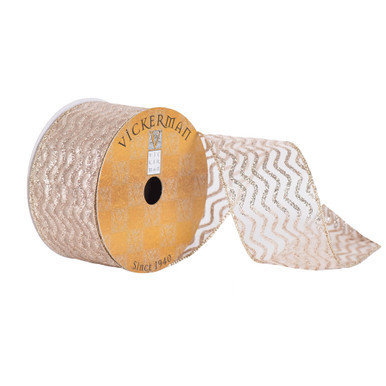 Q170186 Vickerman - 2.5 in x 10 yd Champagne Sheer With Glitter Chevron Wired Decorative Ribbon
