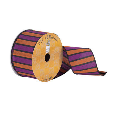 Q180401 Vickerman - 2.5 in x 10 yd Orange and Purple Striped Wired Decorative Ribbon