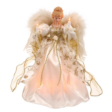 V119802 Vickerman - 12 Inch White Gold Lighted Angel Christmas Tree Topper