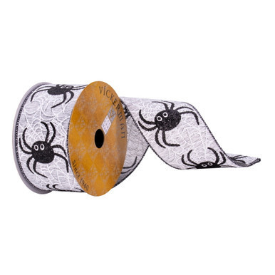 Q215051 Vickerman - 2.5 in x 10 yd Gray and Black Spider Glitter Wired Halloween Ribbon