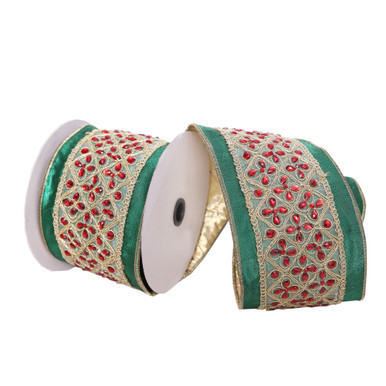 Q222752 Vickerman - 4 in x 5 yd Green and Red Wired Decorative Ribbon
