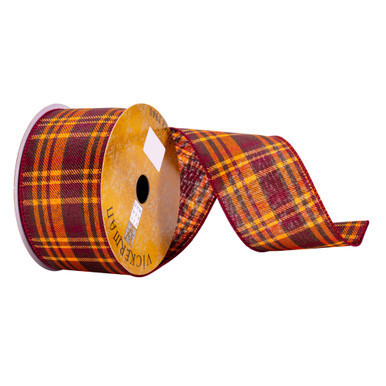 Q215077 Vickerman - 2.5 in x 10 yd Burgundy and Orange Plaid Wired Decorative Ribbon