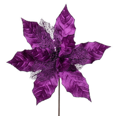 Vickerman 11" Plum Velvet and Glitter Mesh Poinsettia Flower on Stem 6 per bag