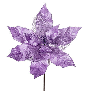 Vickerman 11" Lavender Velvet and Glitter Mesh Poinsettia Flower on Stem 6 per bag