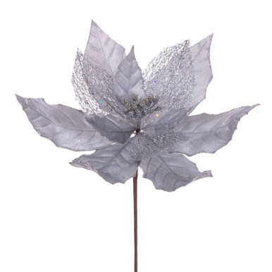 Vickerman 11" Silver Velvet and Glitter Mesh Poinsettia Flower on Stem 6 per bag