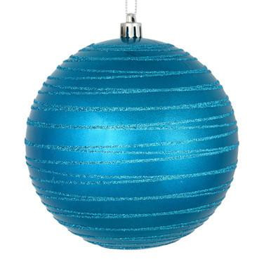 Vickerman 4.75" Turquoise Candy Finish Ball Christmas Ornament with Glitter Lines 4 per Bag