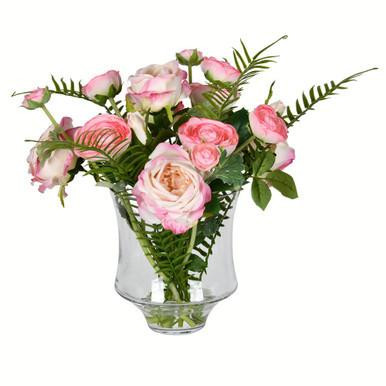 Vickerman 16" Artificial Dark Pink Rose In Glass Pot