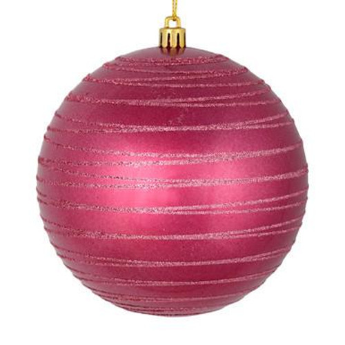  Vickerman 4" Berry Red Candy Finish Ball Christmas Ornament with Glitter Lines 4 per Bag 