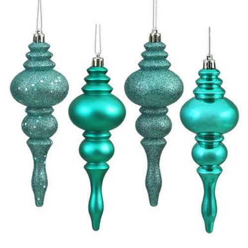  Vickerman 7" Teal 4-Finish Finial Christmas Ornament 8 per Box 