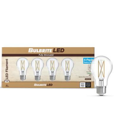 Bulbrite 776228 – Cool White - 7W Clear Filament A19 LED Bulb – Dimmable – 4 Pack