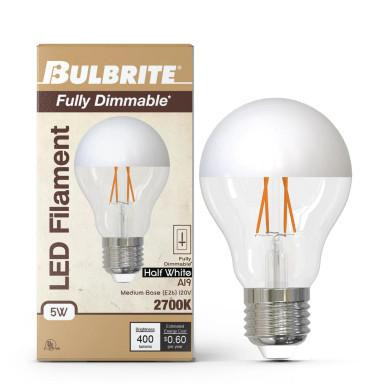 Bulbrite 776837 –  Half White Reduce Glare Filament A19 LED Bulb – Warm White - Dimmable