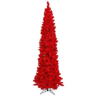 Vickerman K168076LED - 7.5' Flocked Red Pencil Pre-Lit Christmas Tree with Red LED Lights