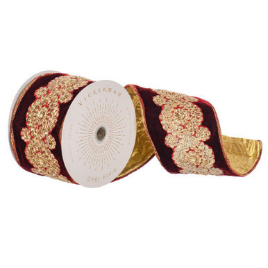 Vickerman Q222310 4"x5yd Wine Velvet Ribbon Gold Sequin