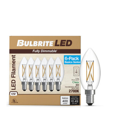 Bulbrite 776229 - LED B11 Filament Bulb - 2700K - 6 Pack Dimmable