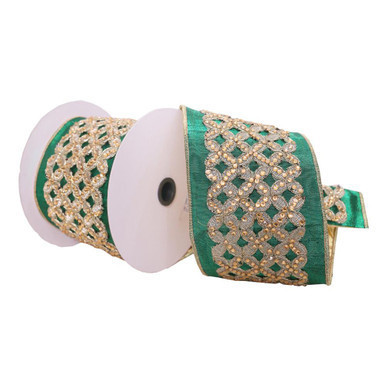 Vickerman Q222740 4"x5yd Green with Gold Jeweled Ribbon