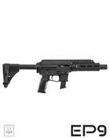 Extar EP9 6.5 inch 9mm, black tactical semi-automatic pistol with adjustable stock and threaded barrel for accessories.