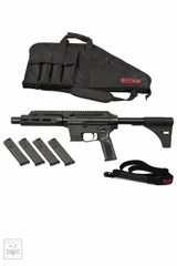 Extar EP9 6.5" 9mm Essentials Bundle, featuring a semi-automatic pistol with four magazines, a padded carrying case, and a black shooting strap.