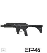 Extar EP45 6.5-inch .45 ACP firearm, black tactical rifle with silenced barrel, adjustable stock, and ergonomic grip.
