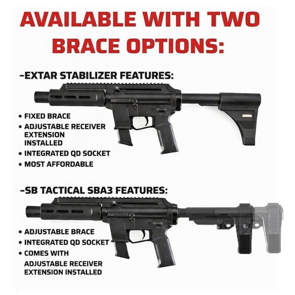 Extar EP9 6.5 inch, 9mm firearm, side view showing two brace options for stability and customization.