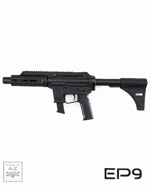 Extar EP9 6.5 inch 9mm, all-black tactical semi-automatic pistol with collapsible stock and rail system.