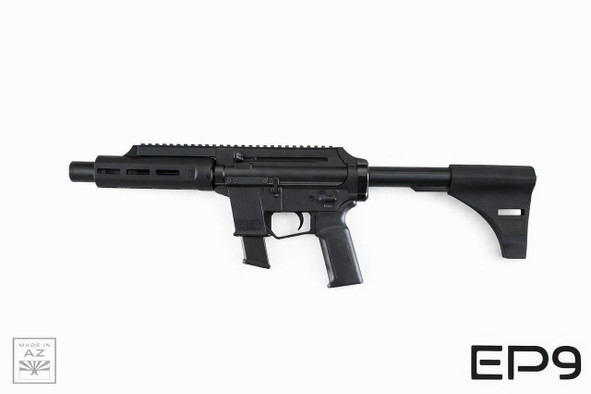 Extar EP9 6.5 inch 9mm, black tactical firearm with a silenced barrel, adjustable stock, and ergonomic grip.