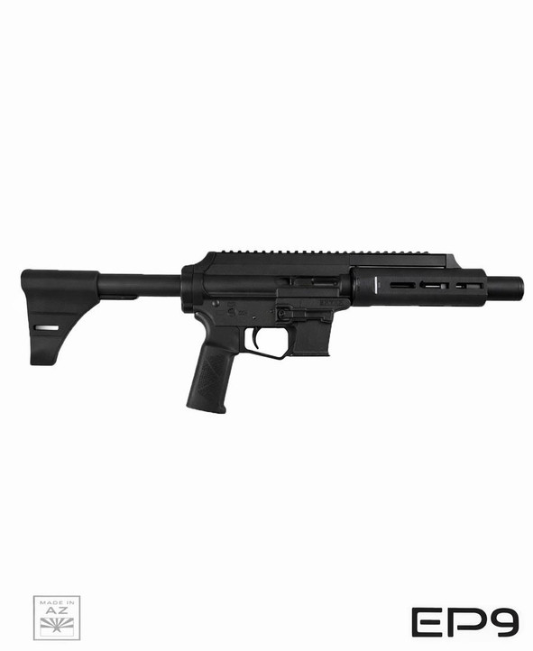 Extar EP9 6.5 inch 9mm, firearm with black tactical design, adjustable stock, pistol grip, and barrel with vented shroud.