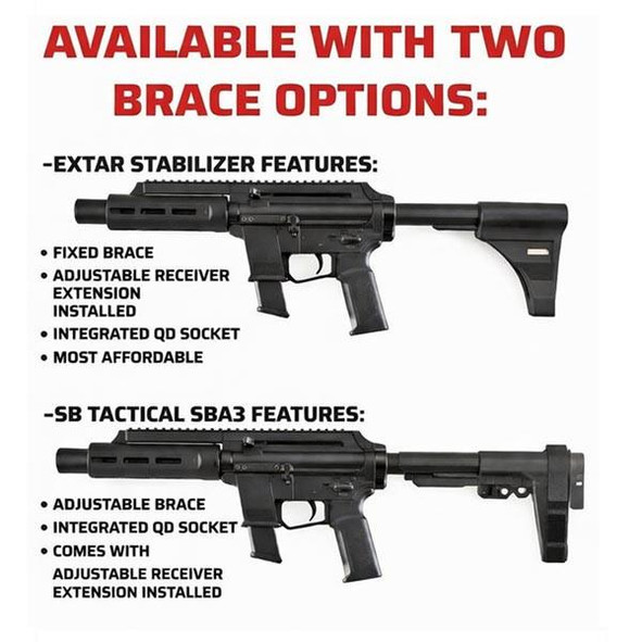 Extar EP9 6.5" 9mm, tactical firearm with fixed or adjustable brace options, featuring integrated QD socket and receiver extension.