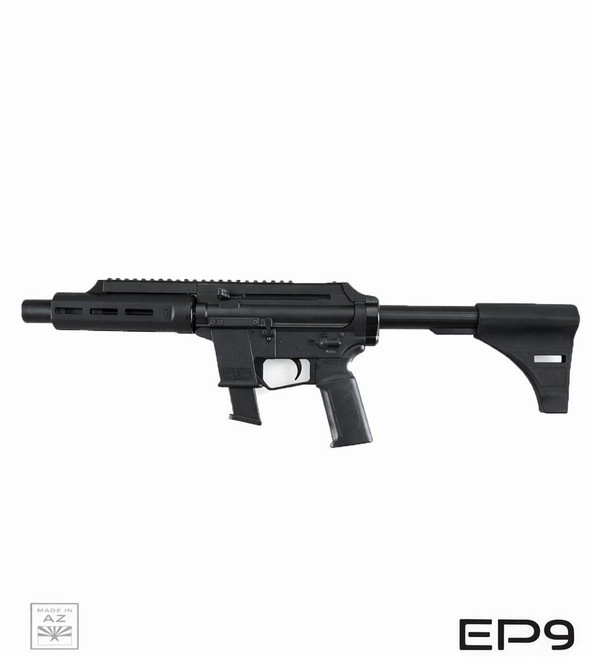 Extar EP9 6.5 inch 9mm, black firearm rifle with folding stock and tactical design.