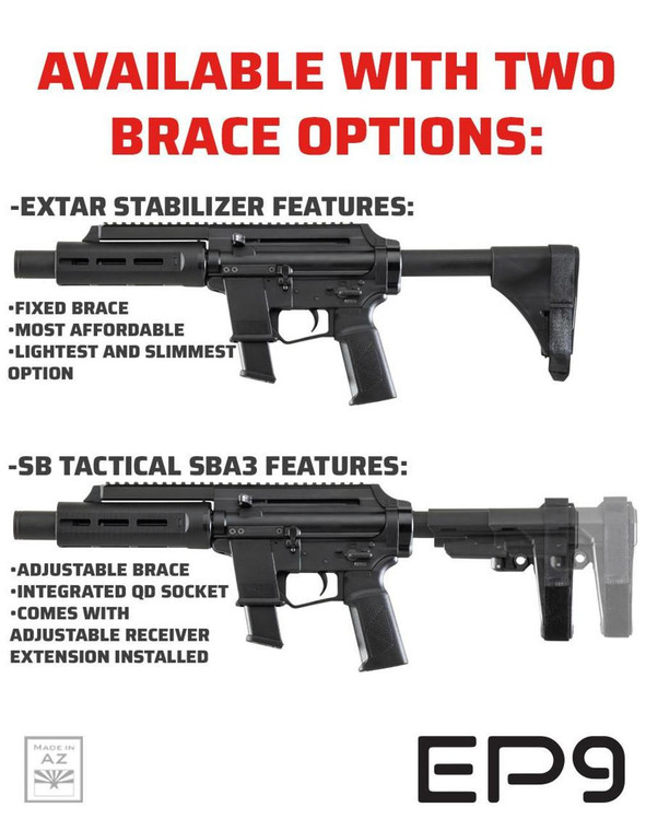 Extar EP9 6.5 inch 9mm, firearm with adjustable and fixed brace options for tactical and stability purposes.