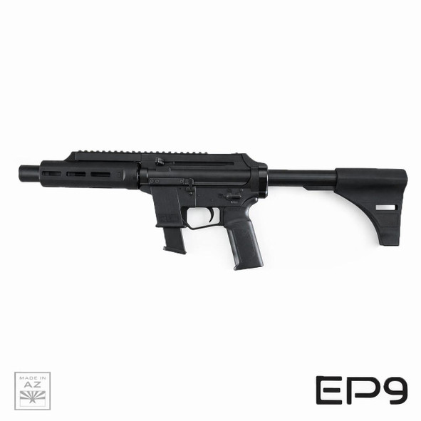 Extar EP9 6.5 inch 9mm, black tactical semi-automatic firearm with adjustable stock and Picatinny rails.