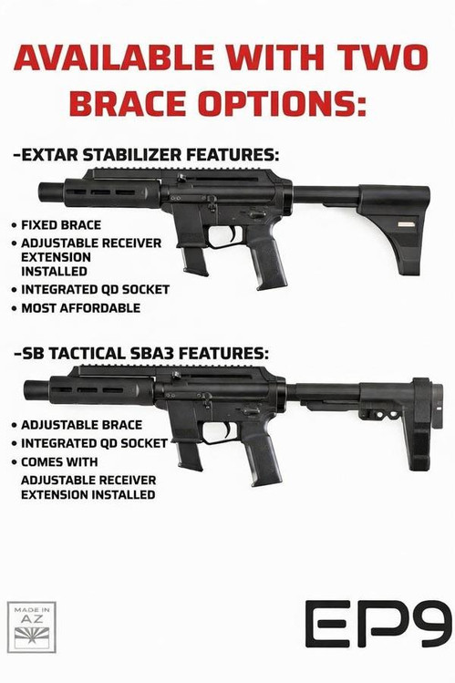 Extar EP9 6.5" 9mm, image showing two models of firearms with brace options and features.