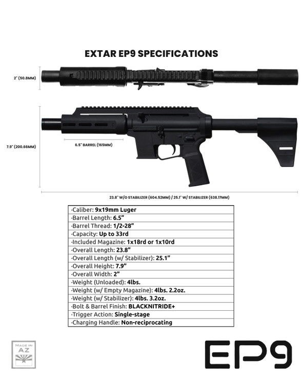 3 Extar EP9 6.5" 9mm, tactical firearm with a black finish, equipped with a 6.5-inch barrel and adjustable stock for precision shooting.