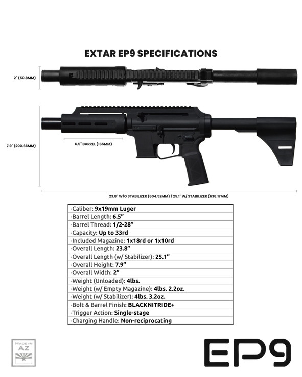 Extar EP9, product image of a black tactical firearm with detailed specifications and measurements. Extar Stabilizer. SB Tactical SBA3. 18 Round. 10 Round.