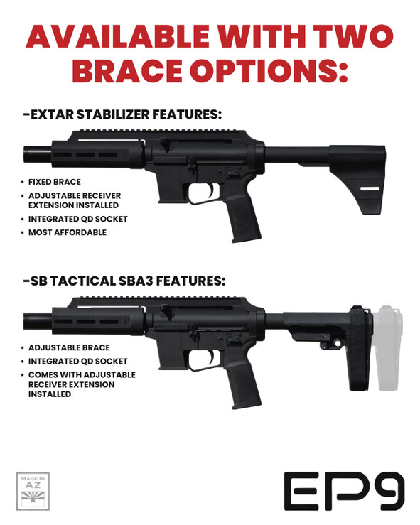 Extar EP9 6.5 inch 9mm pistol, two variations with adjustable and fixed braces for tactical shooting. Extar Stabilizer. SB Tactical SBA3. 18 Round. 10 Round.