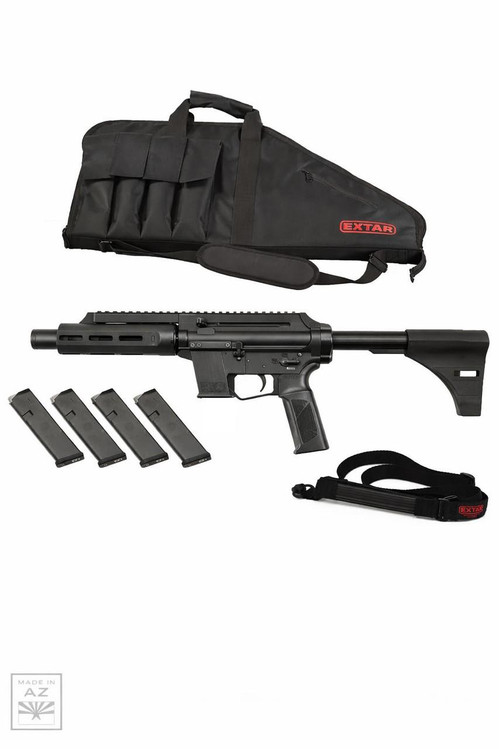 Extar EP9 Extar Stabilizer 6.5" 9mm Essentials Bundle, featuring a semi-automatic pistol with Four 18 Round Magazines, a padded carrying case, and a black shooting strap. Extar Stabilizer