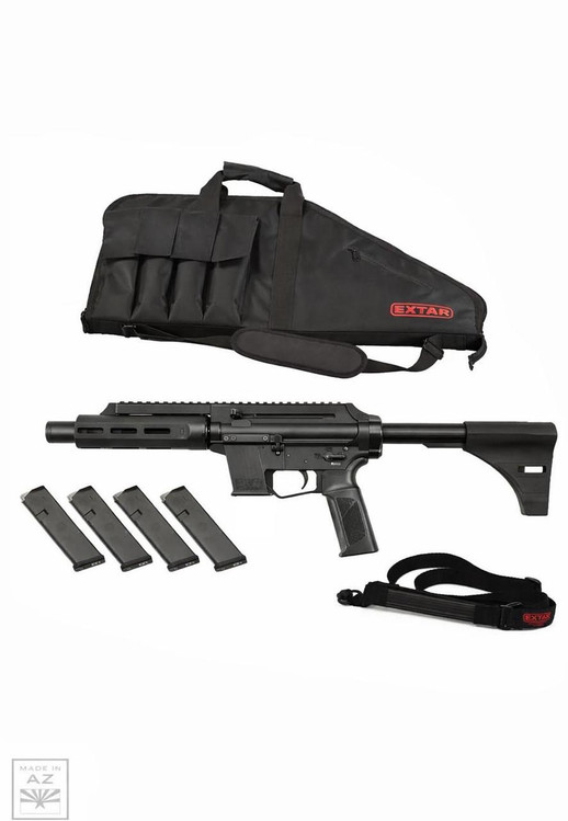 Extar EP9 6.5" 9mm Essentials Bundle, black tactical rifle with four magazines, carrying case, and adjustable strap.