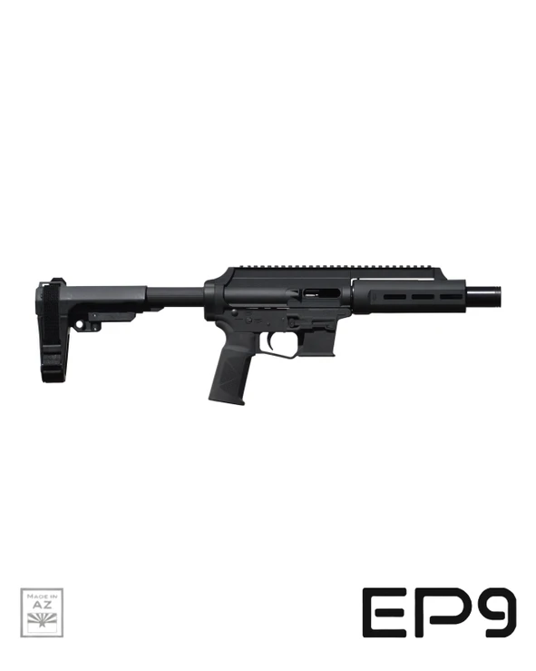 Extar EP9 6.5" 9mm Essentials Bundle, modern semi-automatic firearm with adjustable stock, black matte finish and tactical rail for accessories. SB Tactical SBA3.