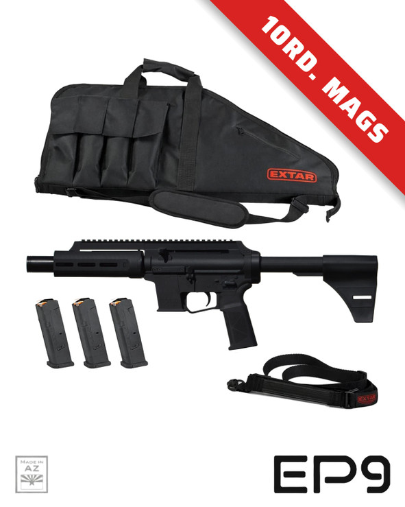 Extar EP9 6.5 inch 9mm Essentials Bundle, including a black firearm, three magazines, a carrying case, and a strap.