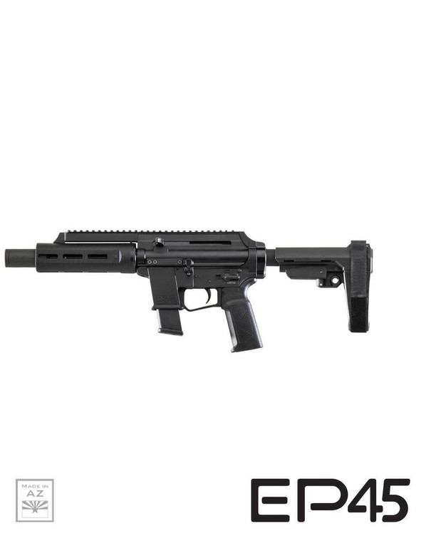 Extar EP45 6.5-inch .45 ACP semi-automatic pistol with adjustable stock and tactical barrel.