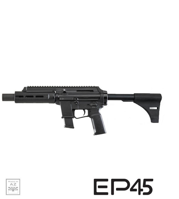 Extar EP45 6.5-inch .45 ACP firearm, black tactical rifle with silenced barrel, adjustable stock, and ergonomic grip.